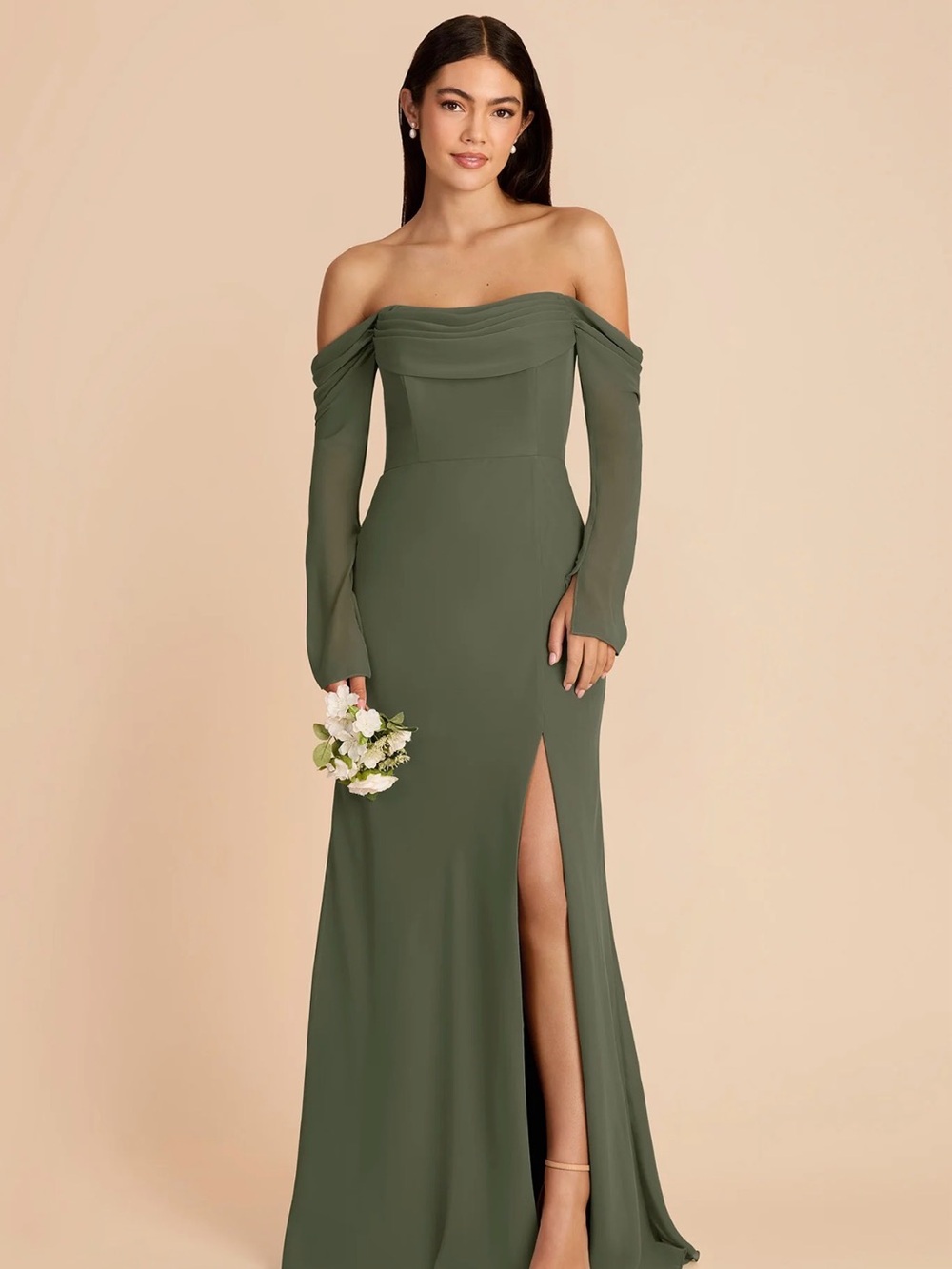 Birdy Grey Maya Chiffon Olive Green Off-Shoulder Long Sleeve Bridesmaid Dress